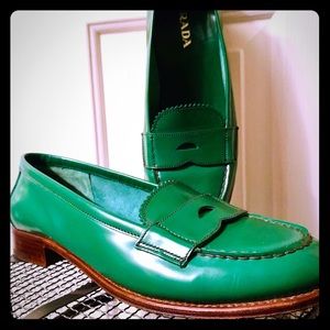 PRADA green penny loafers